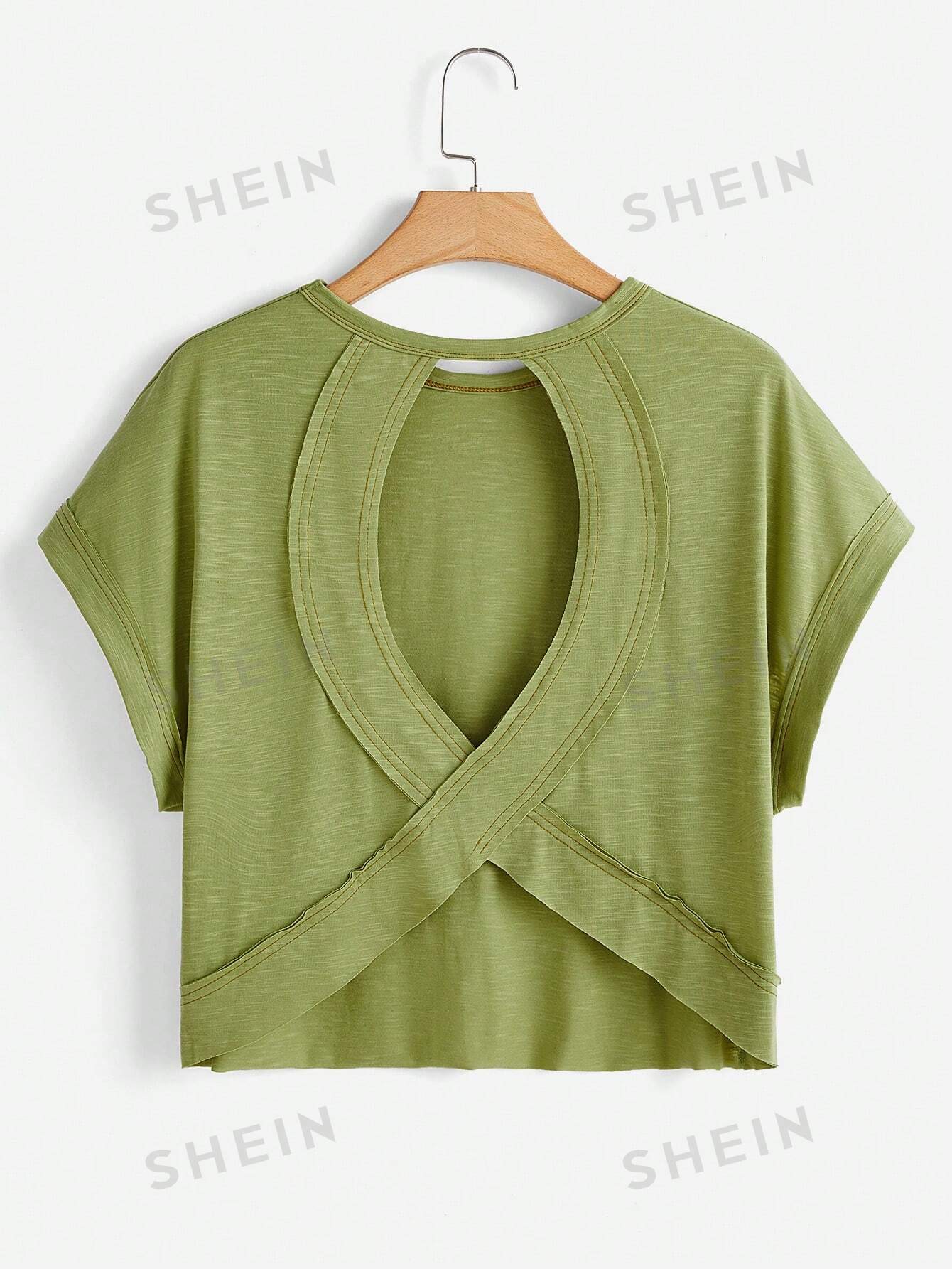 solid v cut neck lettuce trim tee SHEIN Essnce Женская однотонная футболка с рукавами «летучая мышь» и открытой спиной, зеленый