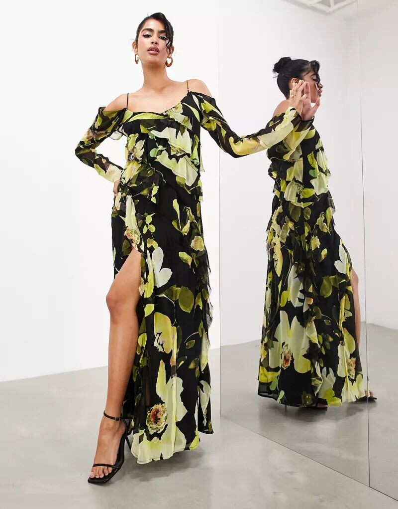 

Платье макси косого кроя с длинными рукавами ASOS черного цвета с цветочным принтом и оборками по краям