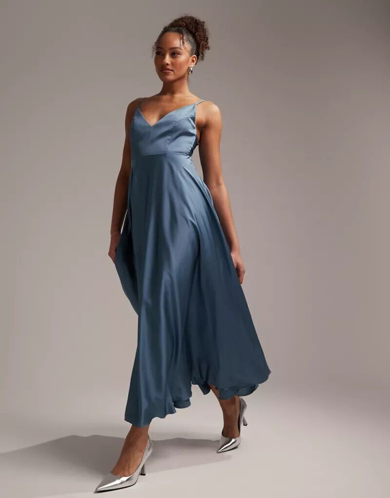 

Темно-синее атласное платье миди с завязками на спине ASOS Bridesmaid
