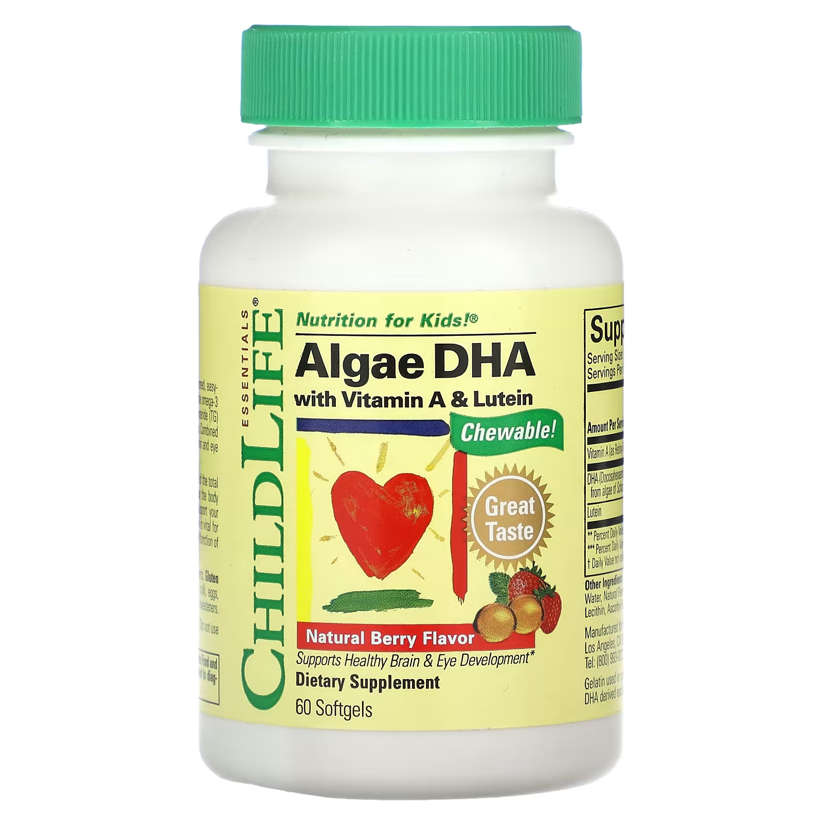 ДГК из водорослей с витамином А и лютеином ChildLife Essentials, натуральные ягоды, 60 мягких таблеток