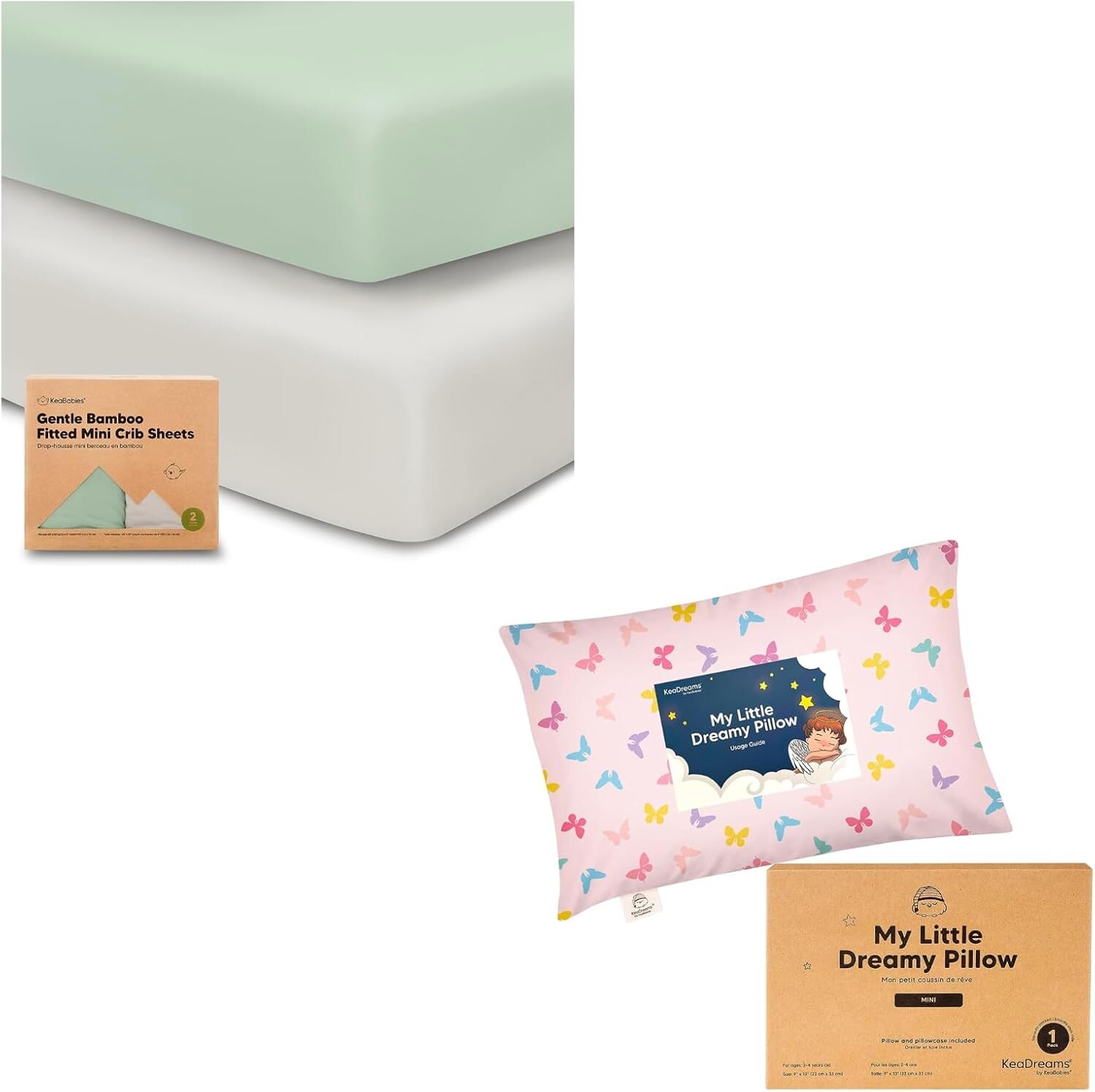 

Kea Babies, 2 мини-простыня для кроватки и мини-подушка для малышей с наволочкой — комплект простыней Pack and Play — мини-подушка My Little Dreamy 9x13 — органическая простыня для детской кроватки для матраса Pack and Play KeaBabies
