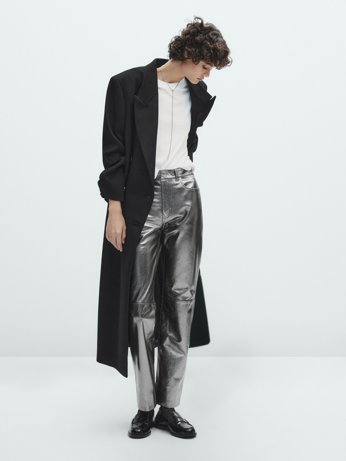 

Брюки из кожи наппа стрейч Massimo Dutti, серебряный, Серый
