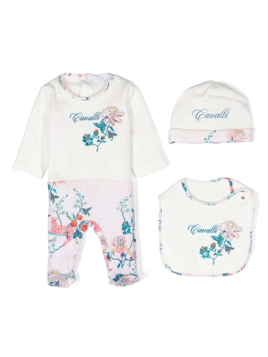 

Комплект из комбинезона и шапки с леопардовым принтом Roberto Cavalli Junior, белый
