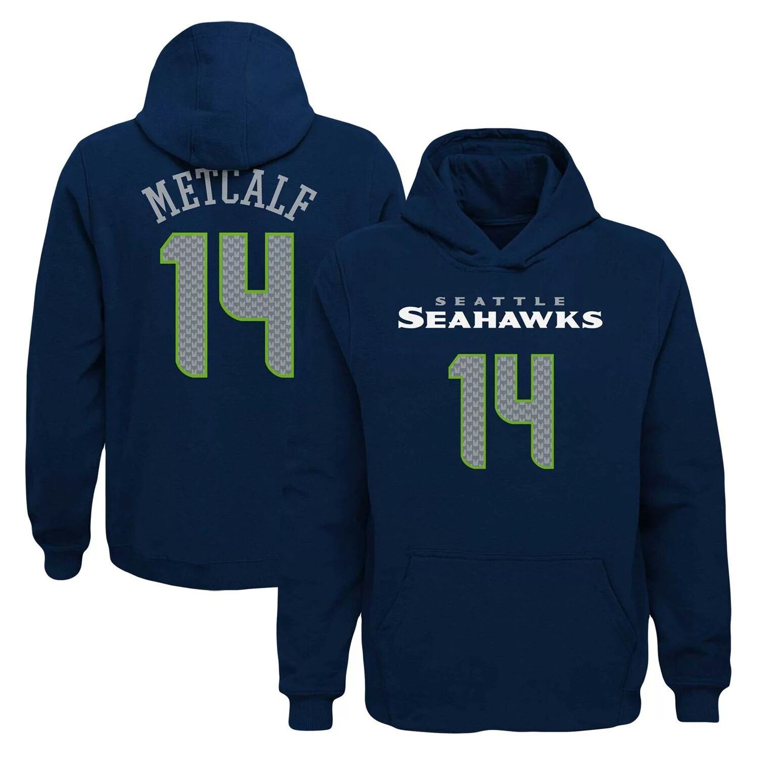 

Молодежный пуловер с капюшоном с именем и номером игрока DK Metcalf College Navy Seattle Seahawks Mainliner Outerstuff