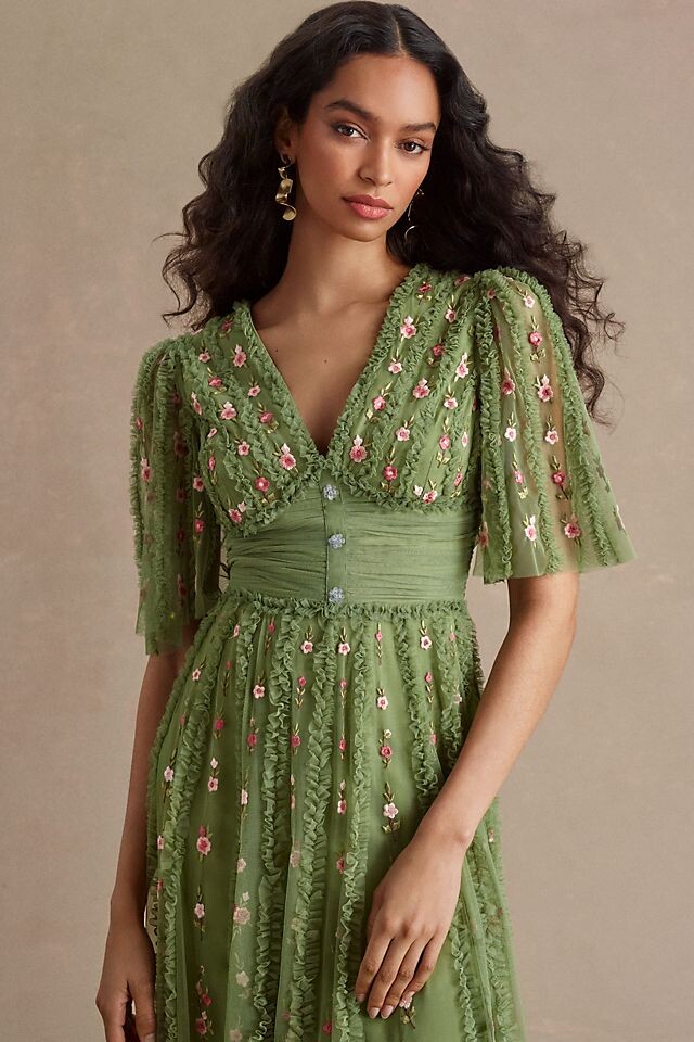

Платье Mac Duggal с короткими рукавами и V-образным вырезом, зеленый