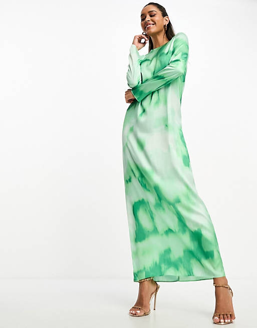 

Атласное платье макси зеленого мраморного принта ASOS DESIGN