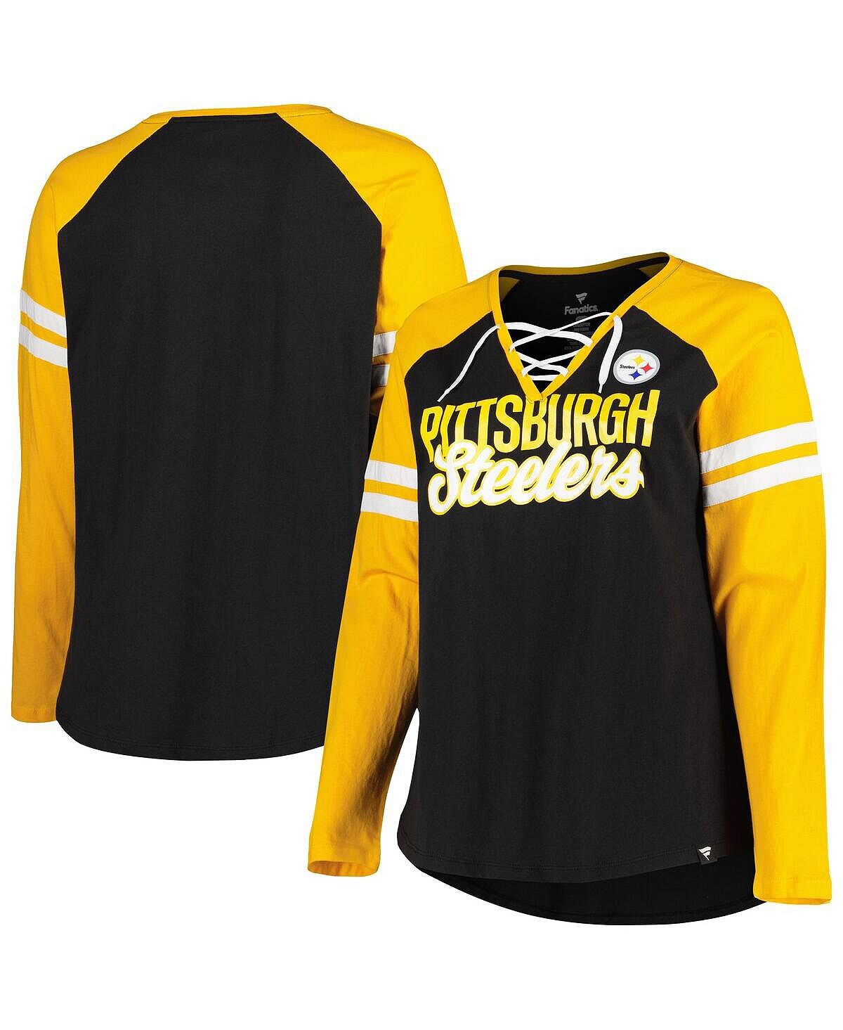 

Женская фирменная черно-золотая футболка Pittsburgh Steelers размера плюс, правильная форма, футболка реглан с длинными рукавами и треугольным вырезом на шнуровке Fanatics, Черный