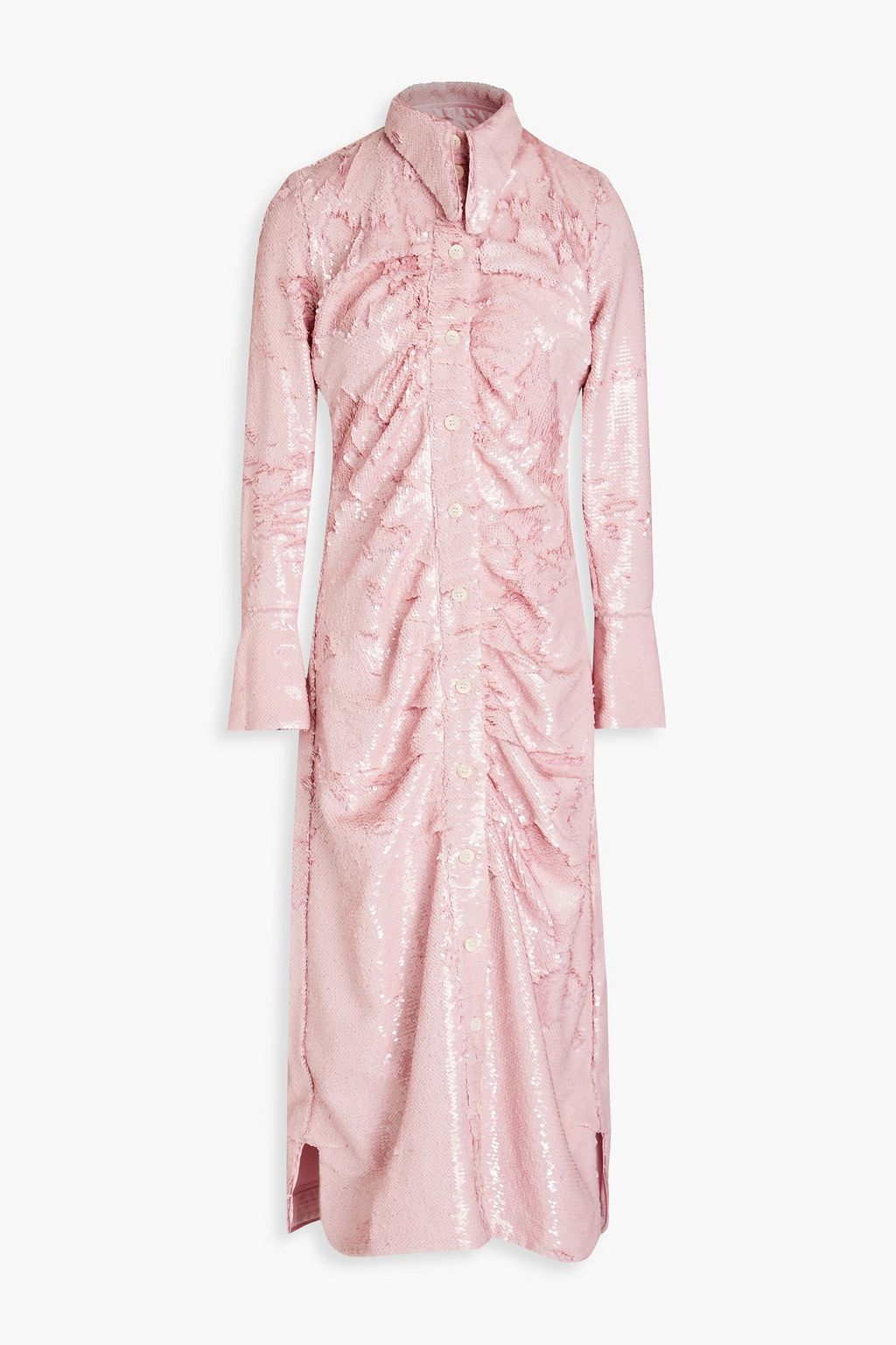 цена Платье-рубашка миди из жоржета со сборками и пайетками GANNI, розовый