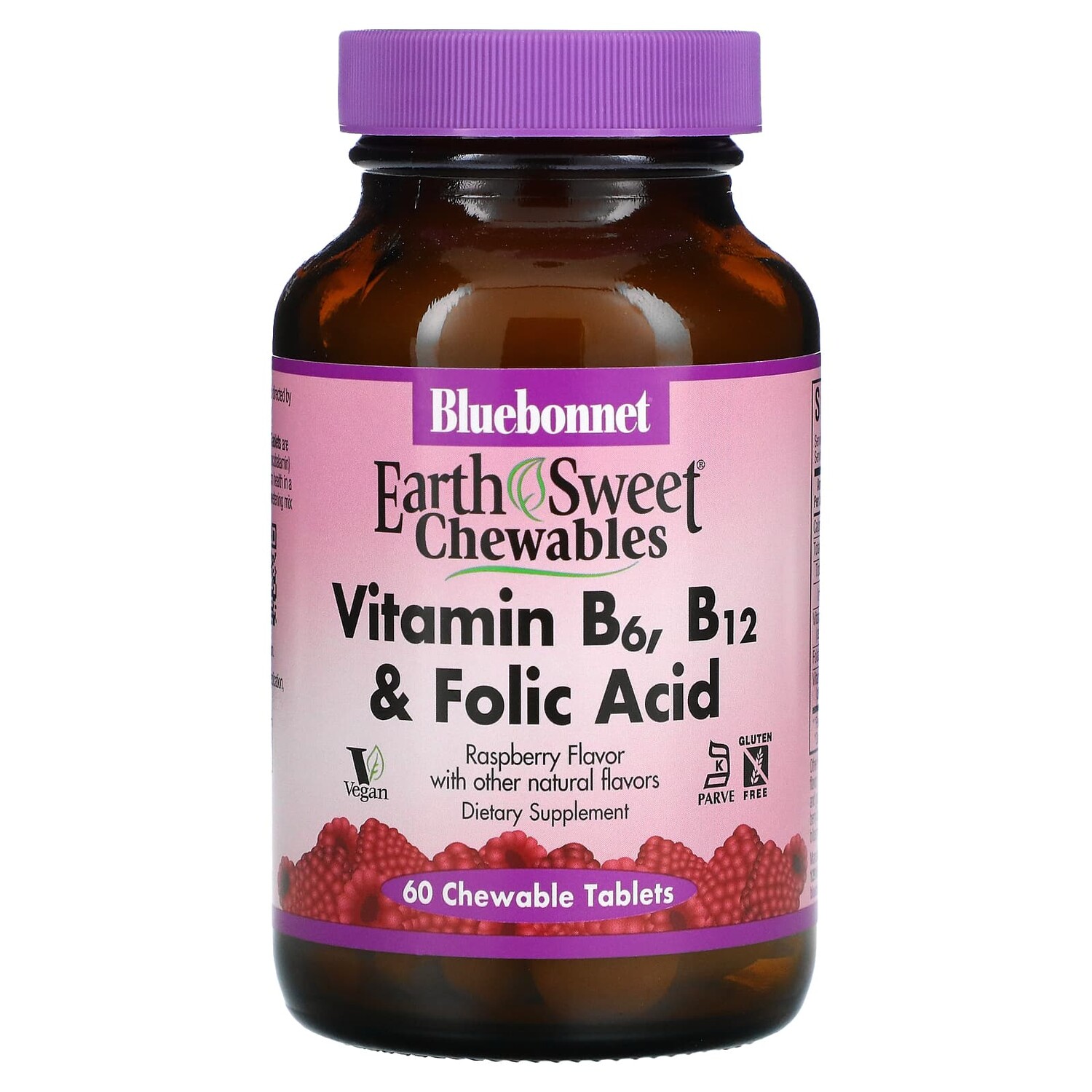 

Earth Sweet, жевательные таблетки с витаминами B6, B12 и фолиевой кислотой, со вкусом малины, 60 жевательных таблеток, Bluebonnet Nutrition