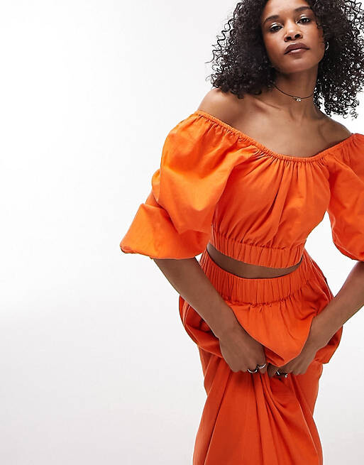 

Оранжевый льняной топ с объемными рукавами Topshop