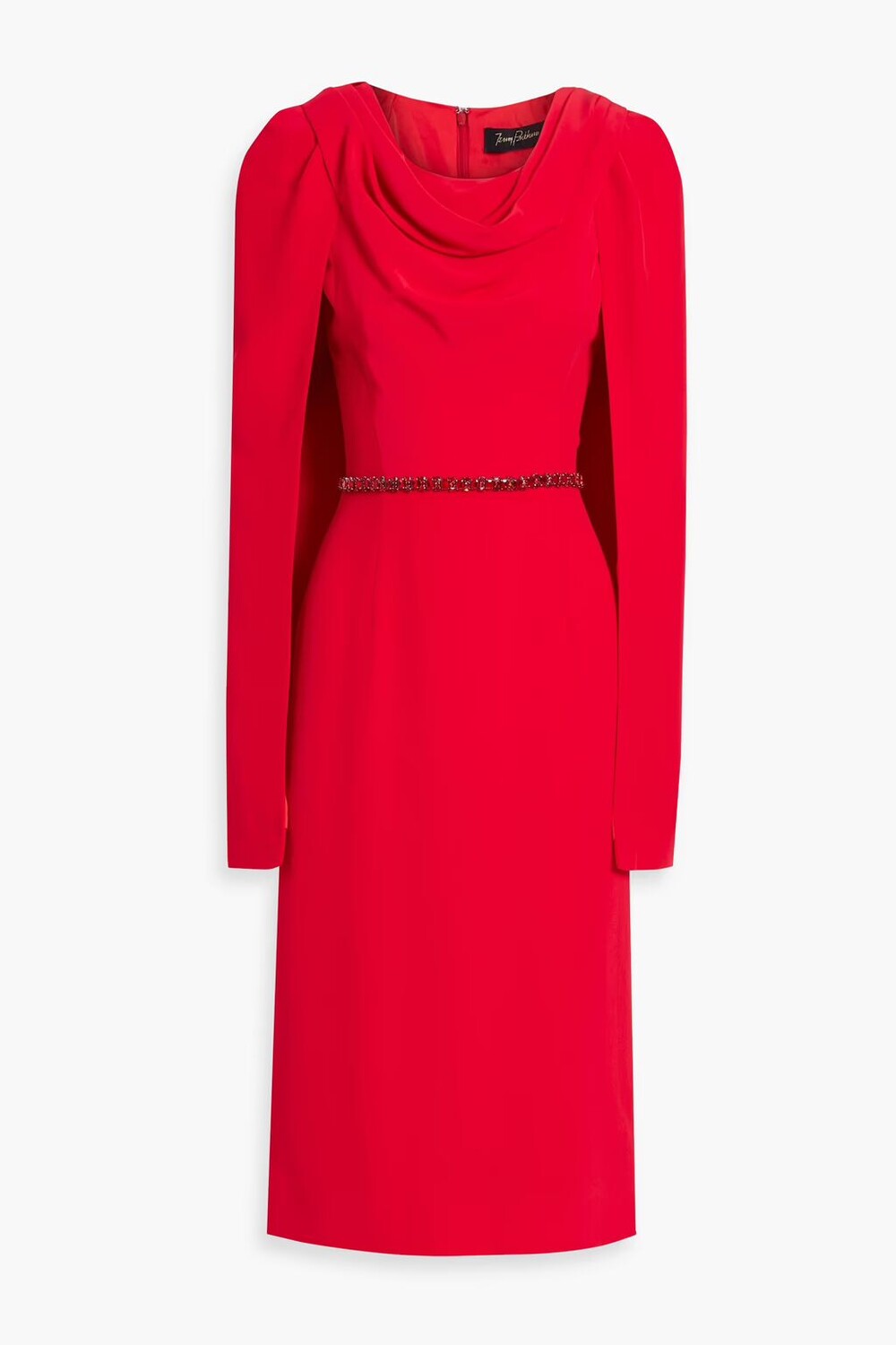 

Платье миди из крепа с драпировкой и кристаллами Jenny Packham, красный