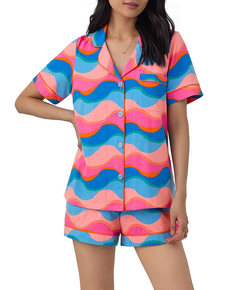 Пижама BedHead с волнистым принтом, короткий пижамный комплект с короткими рукавами и воротником-стойкой BedHead Pajamas, мультиколор