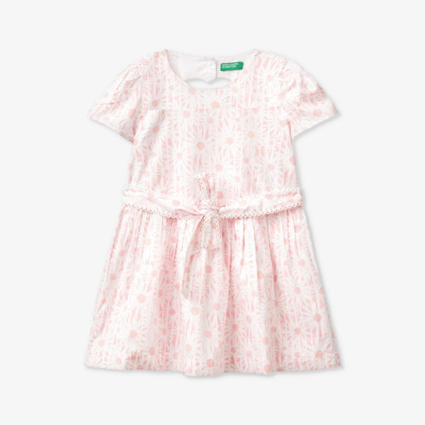 

Платье из хлопка с цветочным принтом и поясом, 18 мес.-6 лет Benetton, розовый