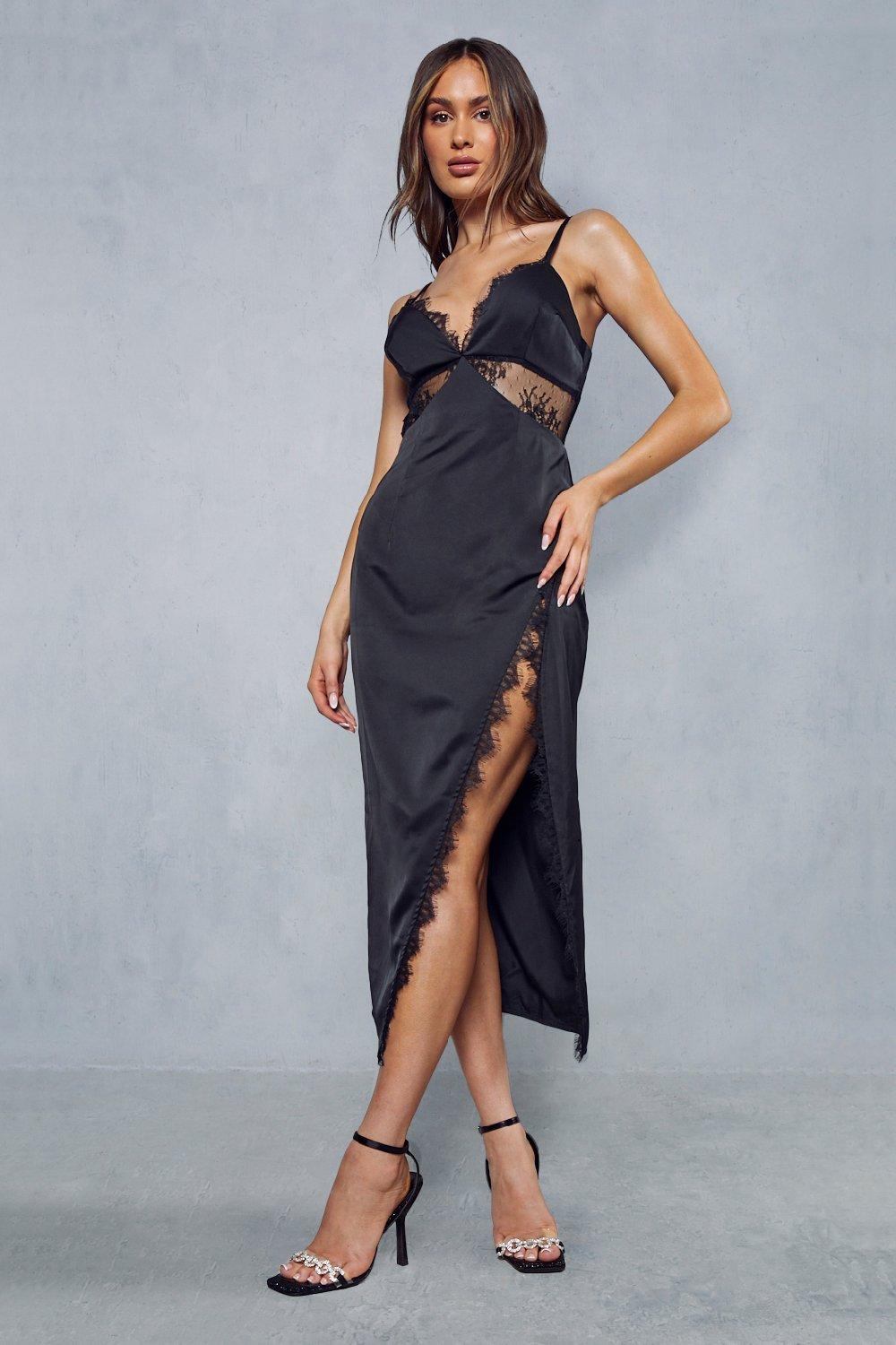 цена Платье миди с атласной кружевной отделкой и разрезом Lexi Wood MISSPAP, черный