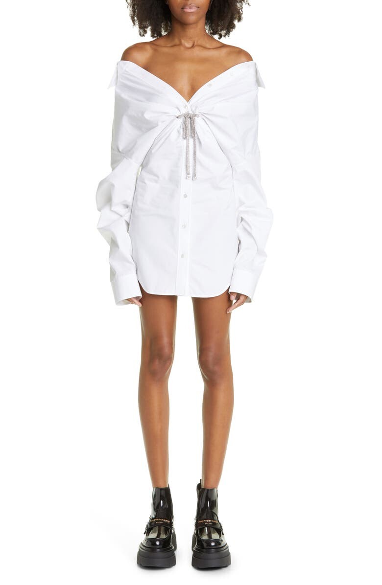 

Хлопковое платье-рубашка с длинными рукавами Athena Crystal Tie Off the Shoulder ALEXANDER WANG, белый