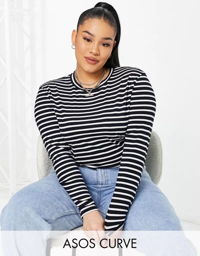 

Темно-синяя футболка с длинными рукавами и полосками ASOS Curve