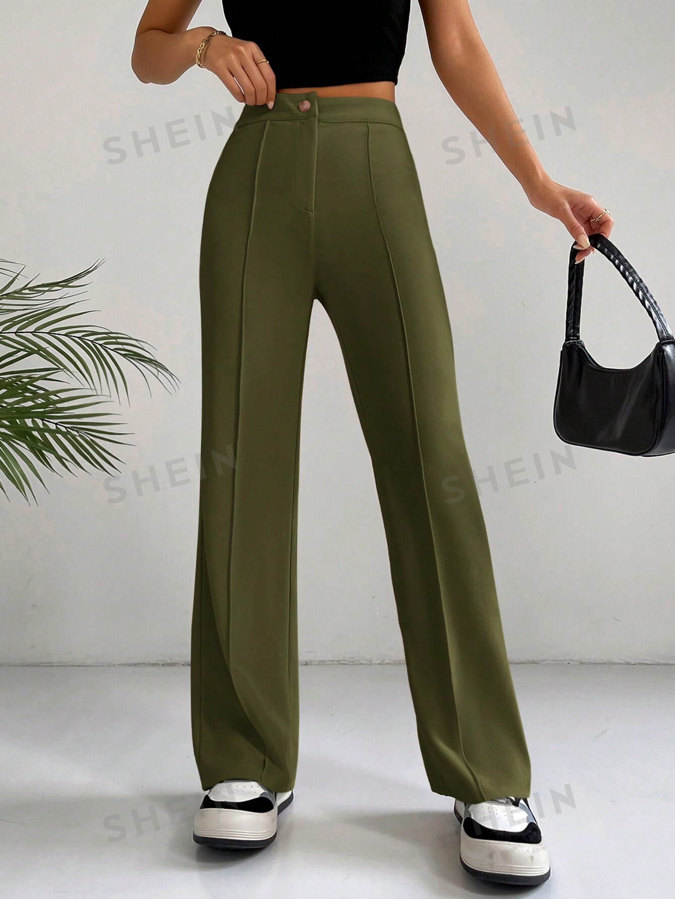 цена SHEIN EZwear Однотонные широкие брюки для повседневной, зеленый