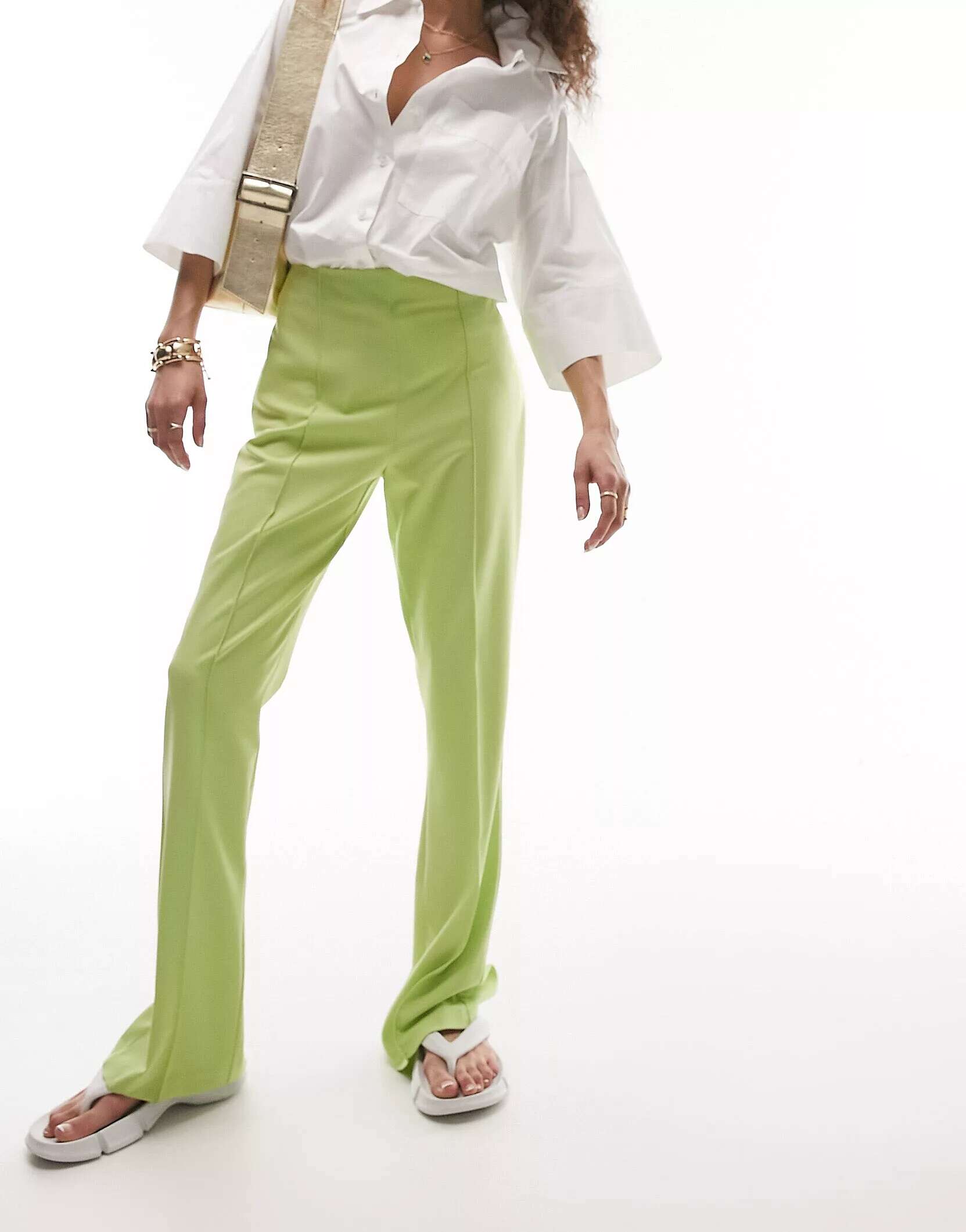Лаймовые женские однотонные брюки с завышенной талией и разрезом на спине Topshop цена и фото
