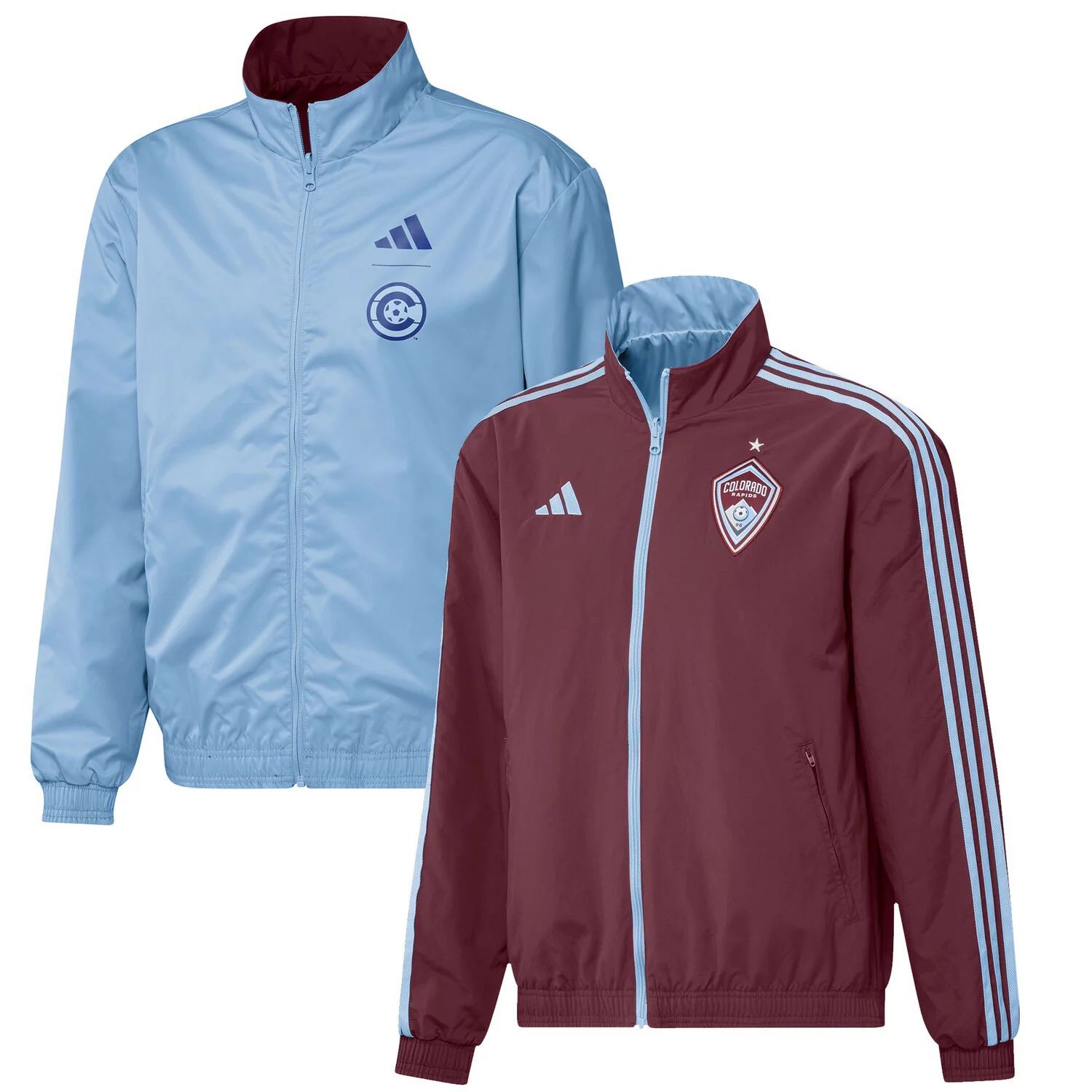 цена Мужская двусторонняя командная куртка с молнией во всю длину бордового/голубого цвета Colorado Rapids 2023 On Field Anthem adidas