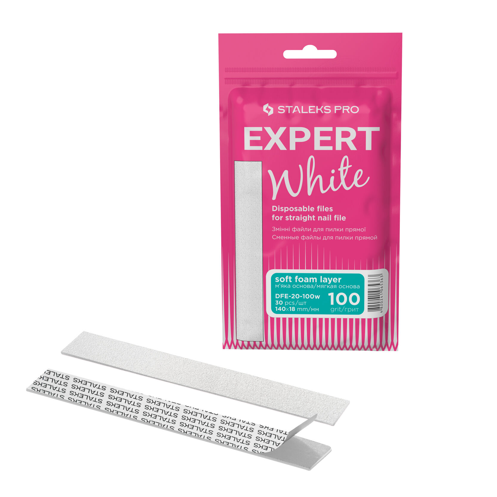 Набор сменных насадок белого цвета для прямой пилки (на мягкой основе) Staleks Pro Expert 20 Dfe-20-100W, 30 шт/1 упаковка