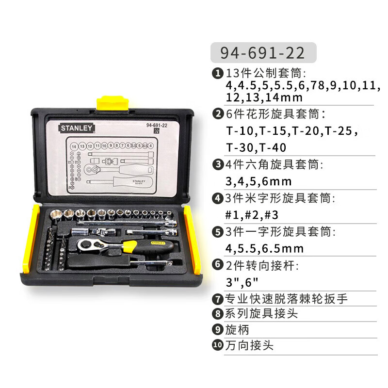 Набор из 35 предметов STANLEY, набор метрических ключей с храповым механизмом серии 6,3 мм, набор для ремонта автомобиля 94-691-22