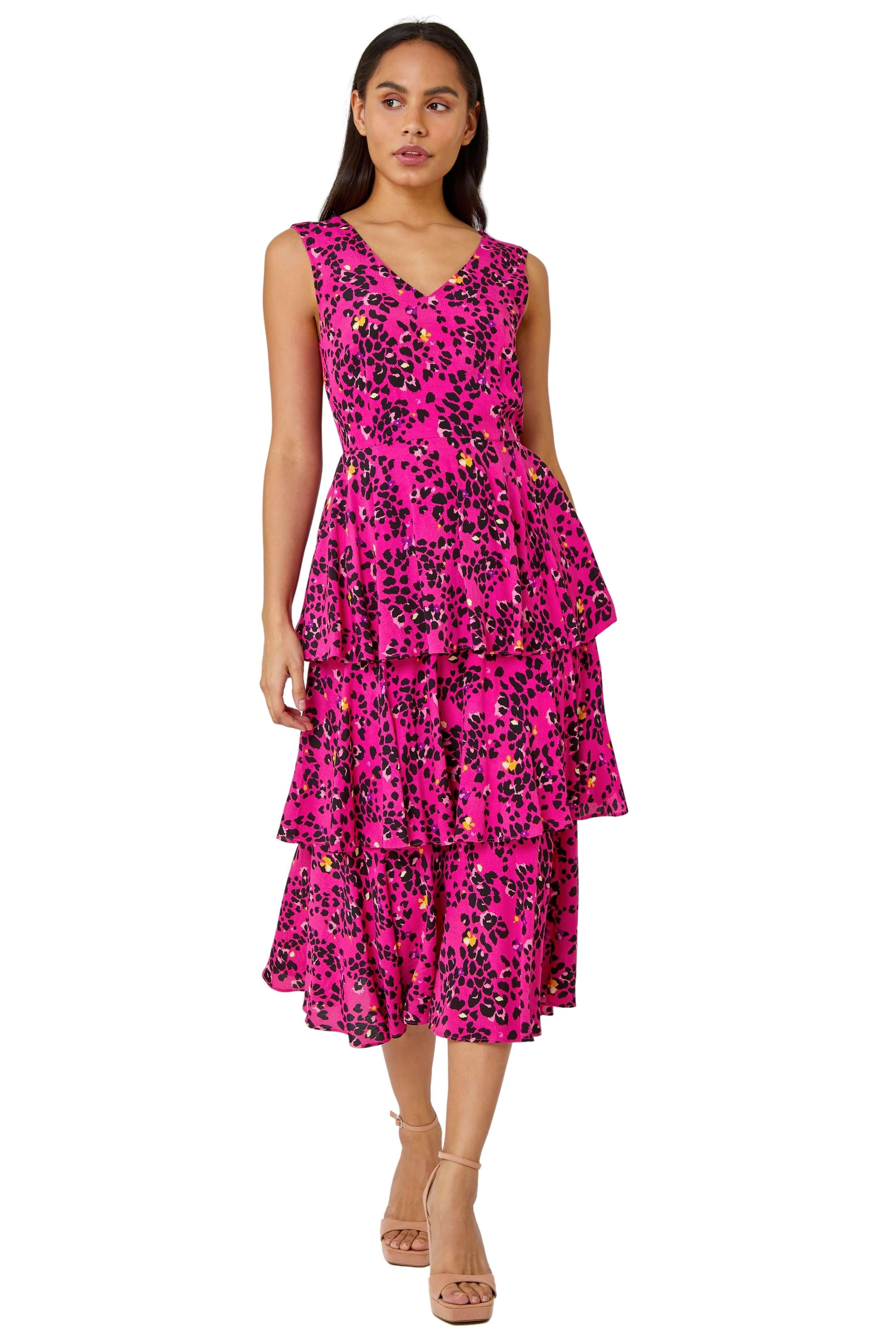 Многоуровневое платье миди с абстрактным животным принтом Dusk, розовый