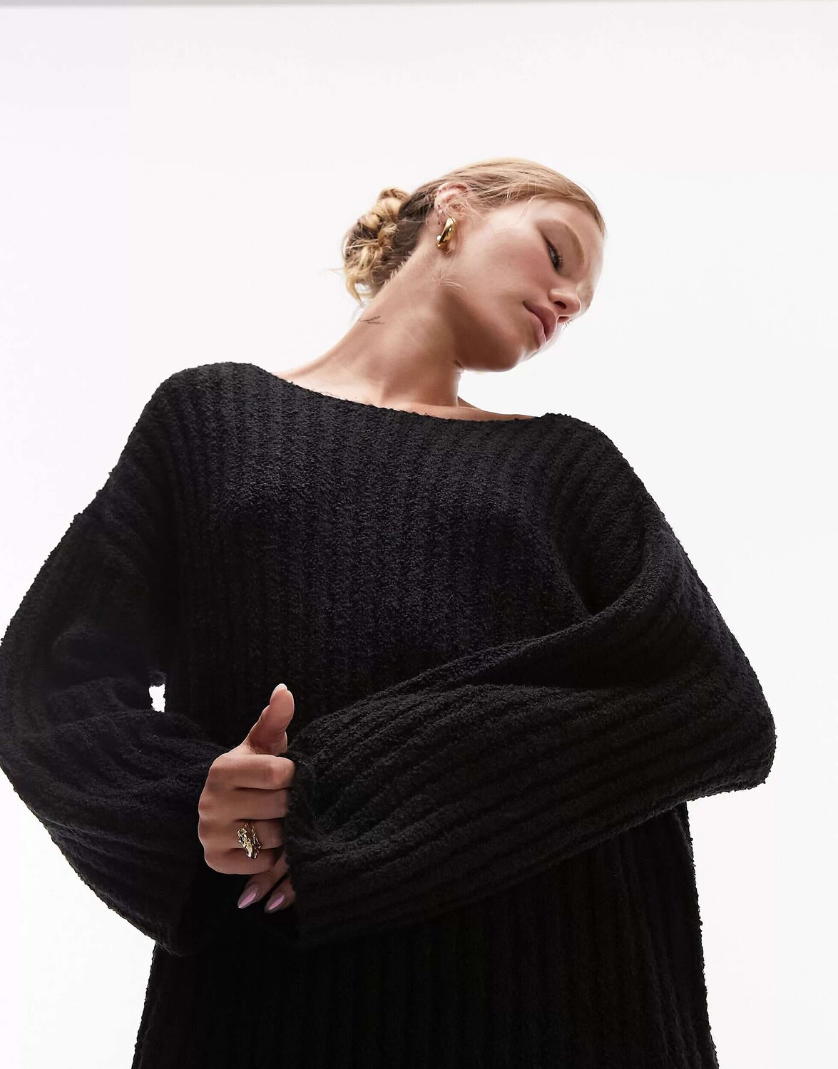 

Черное трикотажное платье миди в рубчик из букле Topshop, Черный