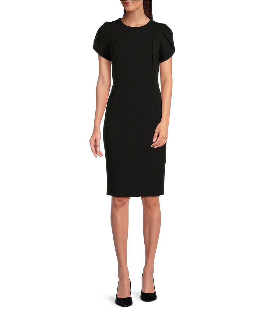 Однотонное эластичное платье-футляр Calvin Klein с круглым вырезом и короткими рукавами-тюльпанами, черный
