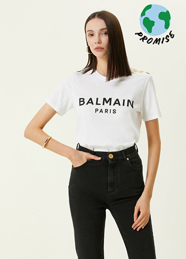 

Белая футболка с круглым вырезом и логотипом Balmain, Белый
