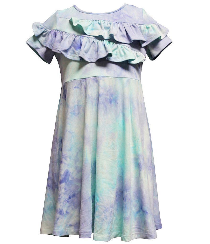 Платье свободного кроя Ava & Yelly Little Girls 4–6X с короткими рукавами и оборками на кокетке с акварельным принтом, мультиколор