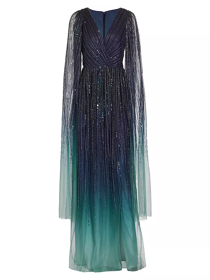 Украшенное шифоновое платье с накидкой и рукавами Marchesa Notte, синий