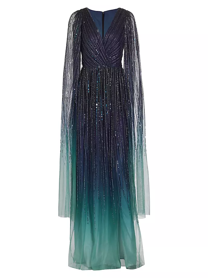 

Украшенное шифоновое платье с накидкой и рукавами Marchesa Notte, синий