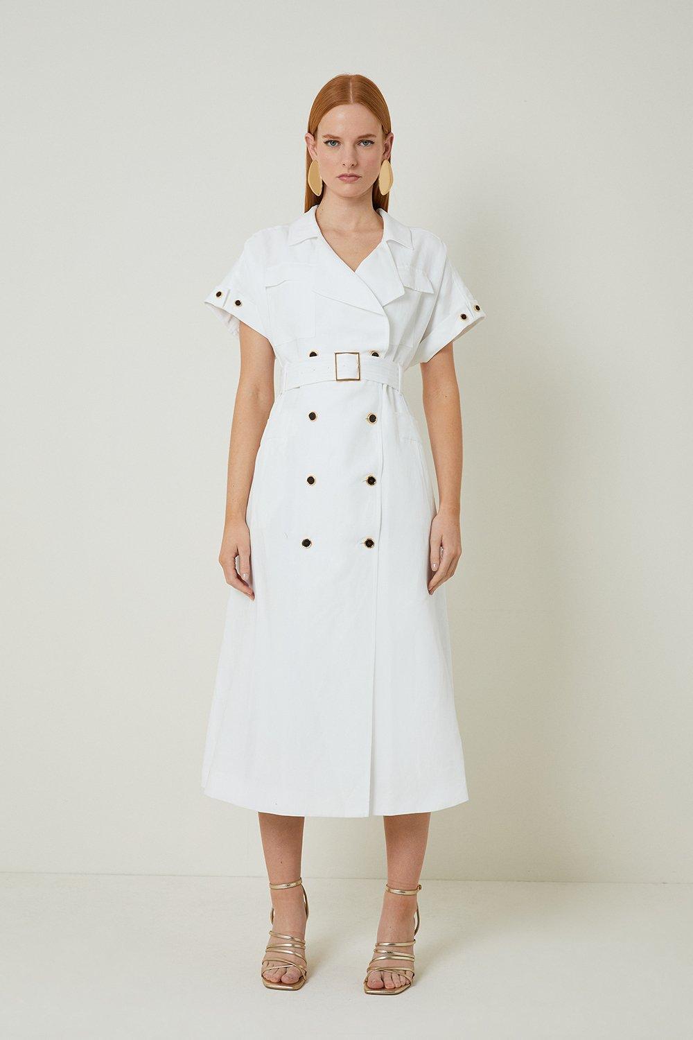 Миниатюрное платье-рубашка миди из льна ViscoseFluid с двубортным поясом Karen Millen, белый