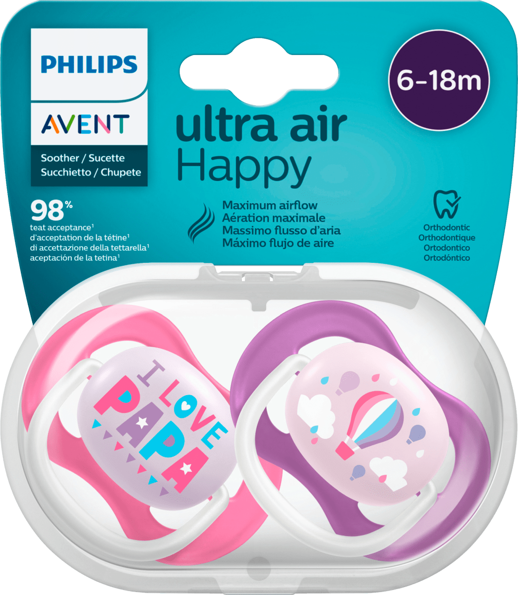 Соска Ultra Air Happy силиконовая розовая/фиолетовая 6-18 месяцев 1 шт. Philips фотографии