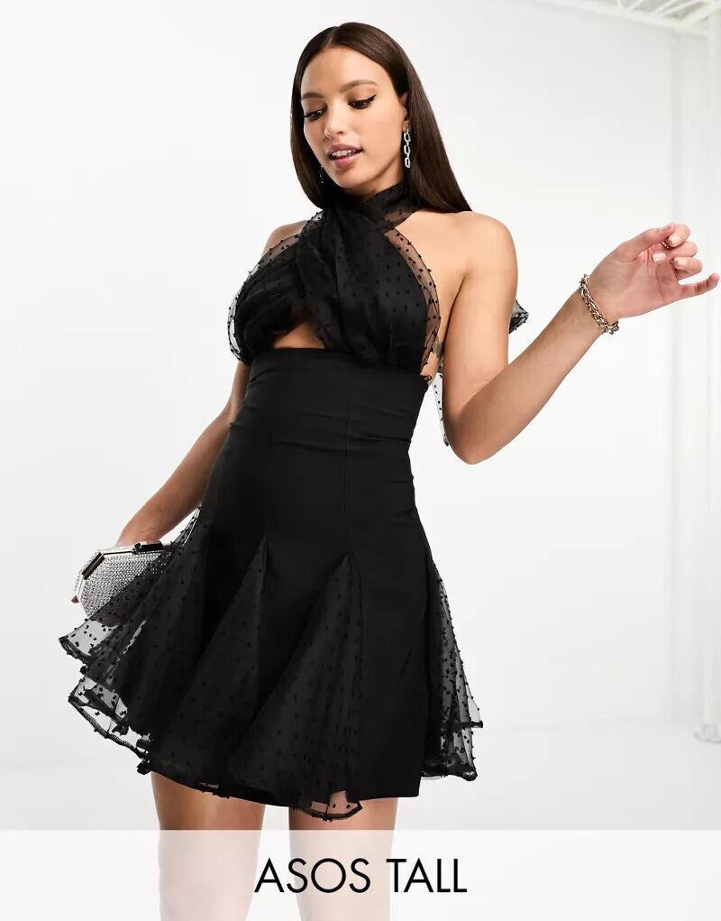 

Черное платье мини с вырезом халтер и плюмети ASOS Luxe Tall