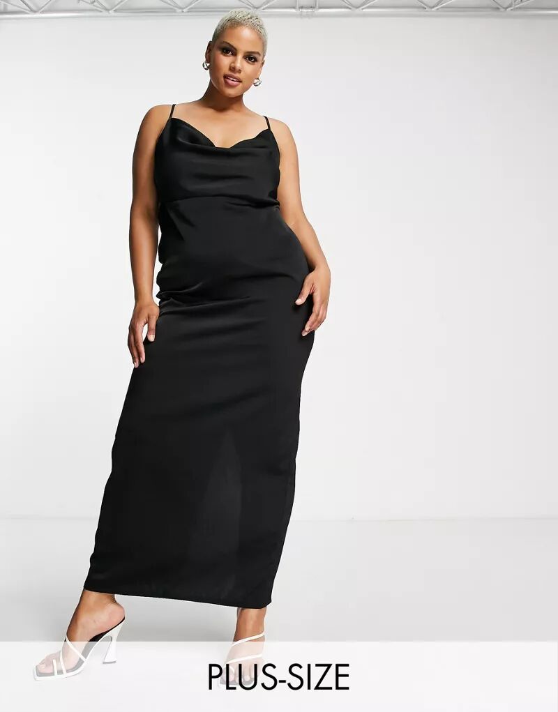 Черное атласное платье макси с воротником-хомутом NaaNaa Plus