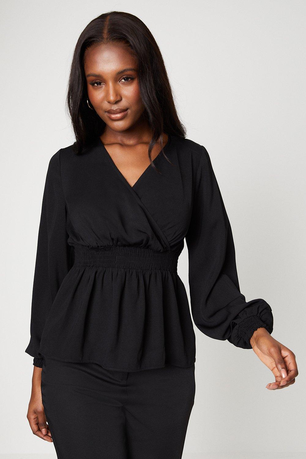 Блузка с длинными рукавами и V-образным вырезом, присборенной талией Dorothy Perkins, черный блузка для танца живота прозрачная с v образным вырезом