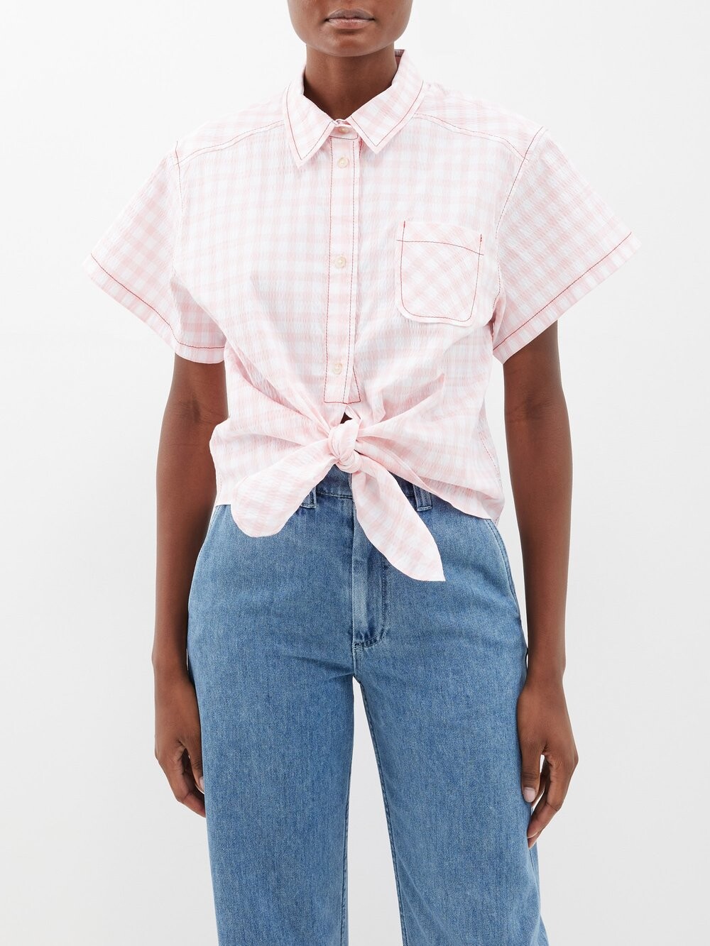 

Рубашка из жатого хлопка в клетку tailored tie me up Rosie Assoulin, розовый