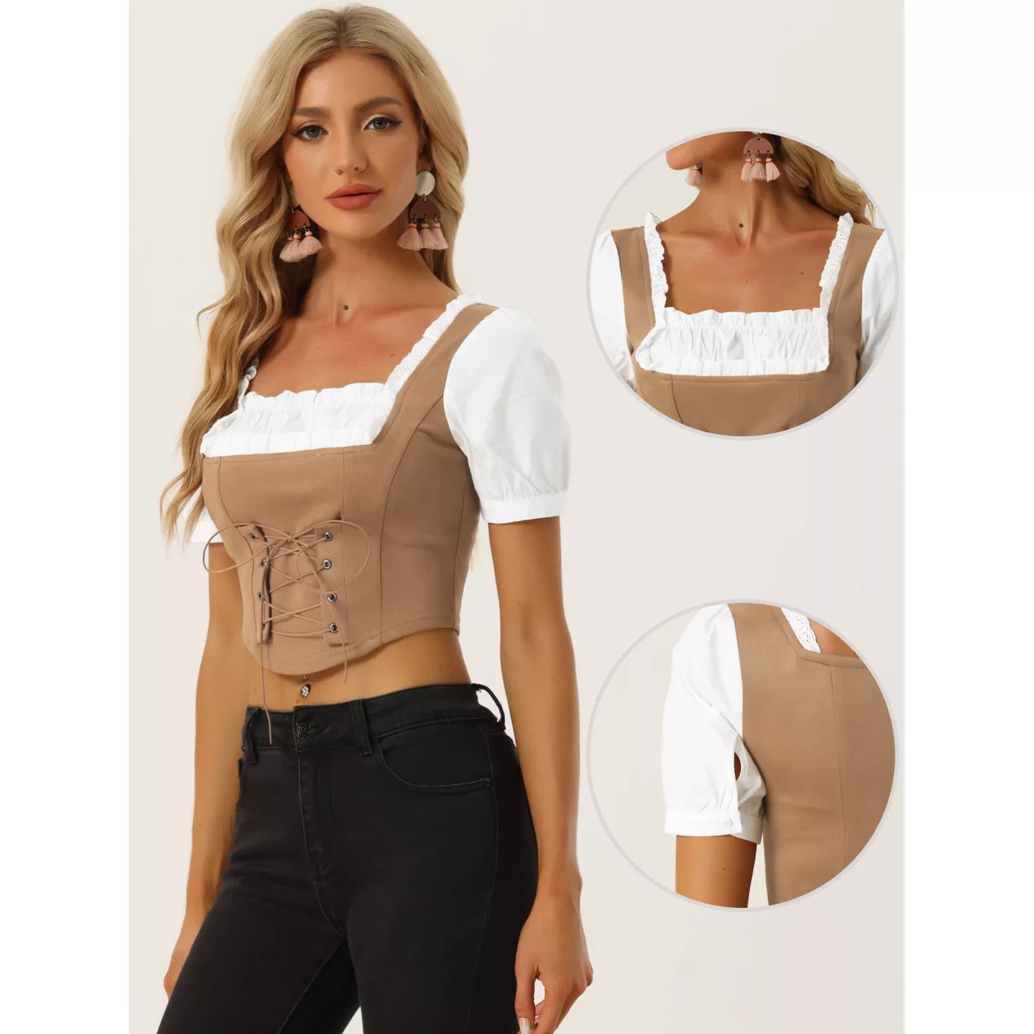 Блузка с пышными рукавами для женщин, укороченный топ из искусственной замши с квадратным вырезом и контрастной шнуровкой ALLEGRA K