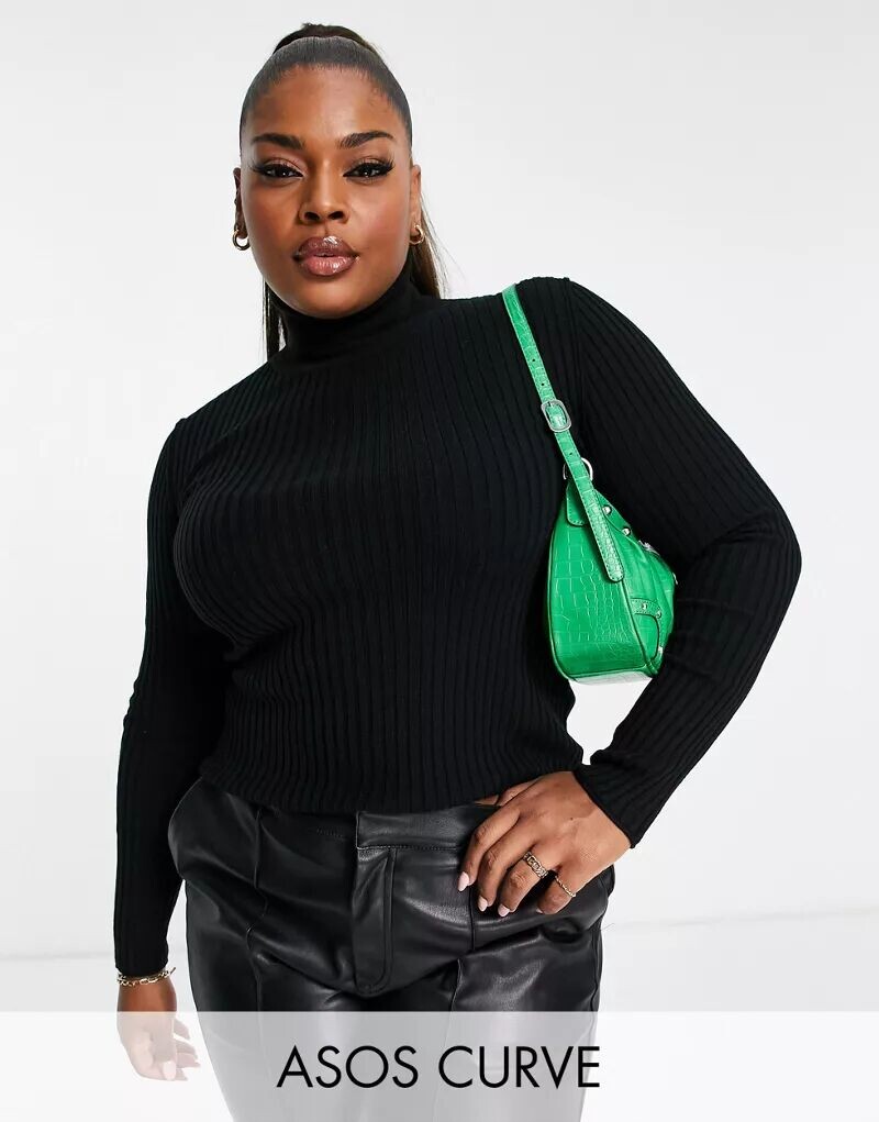 

Черный джемпер в рубчик с высоким воротником ASOS DESIGN Curve