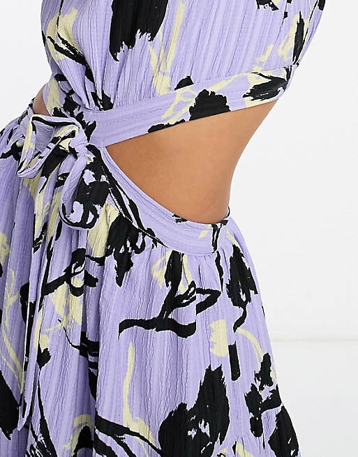 

Фиолетовое платье макси на одно плечо с жатой текстурой и вырезами ASOS DESIGN
