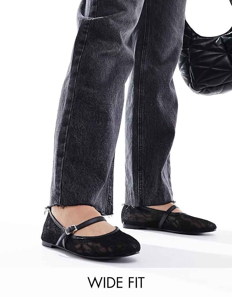 

Черные кружевные балетки Public Desire Wide Fit – Pirouette – Mary Jane