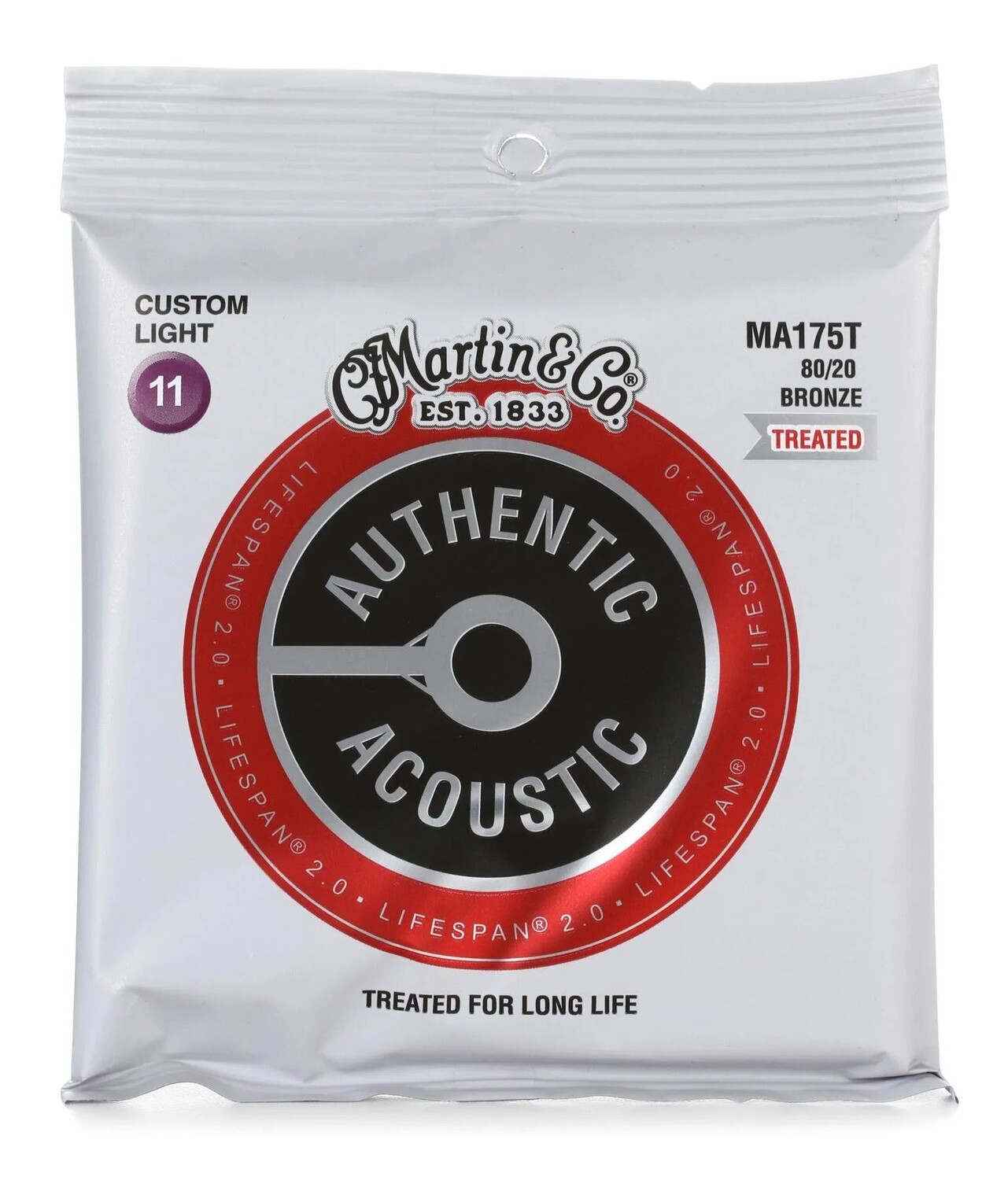 

Гитарные струны Martin MA175T Authentic Acoustic Lifespan 2.0, обработанные бронзой 80/20 — .011-.052 Custom Light