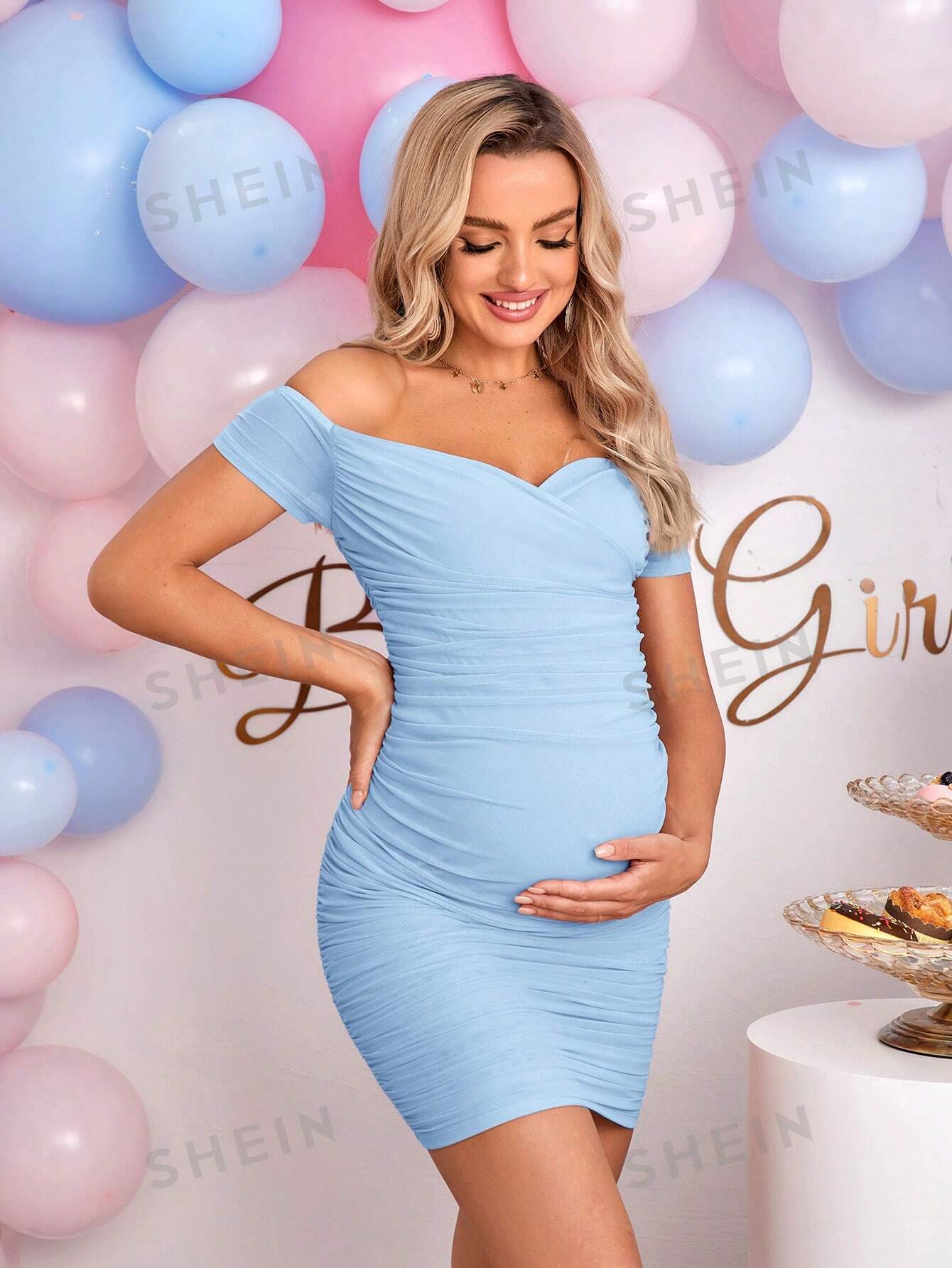 SHEIN Однотонное облегающее модное платье для беременных с открытыми плечами, голубые цена и фото