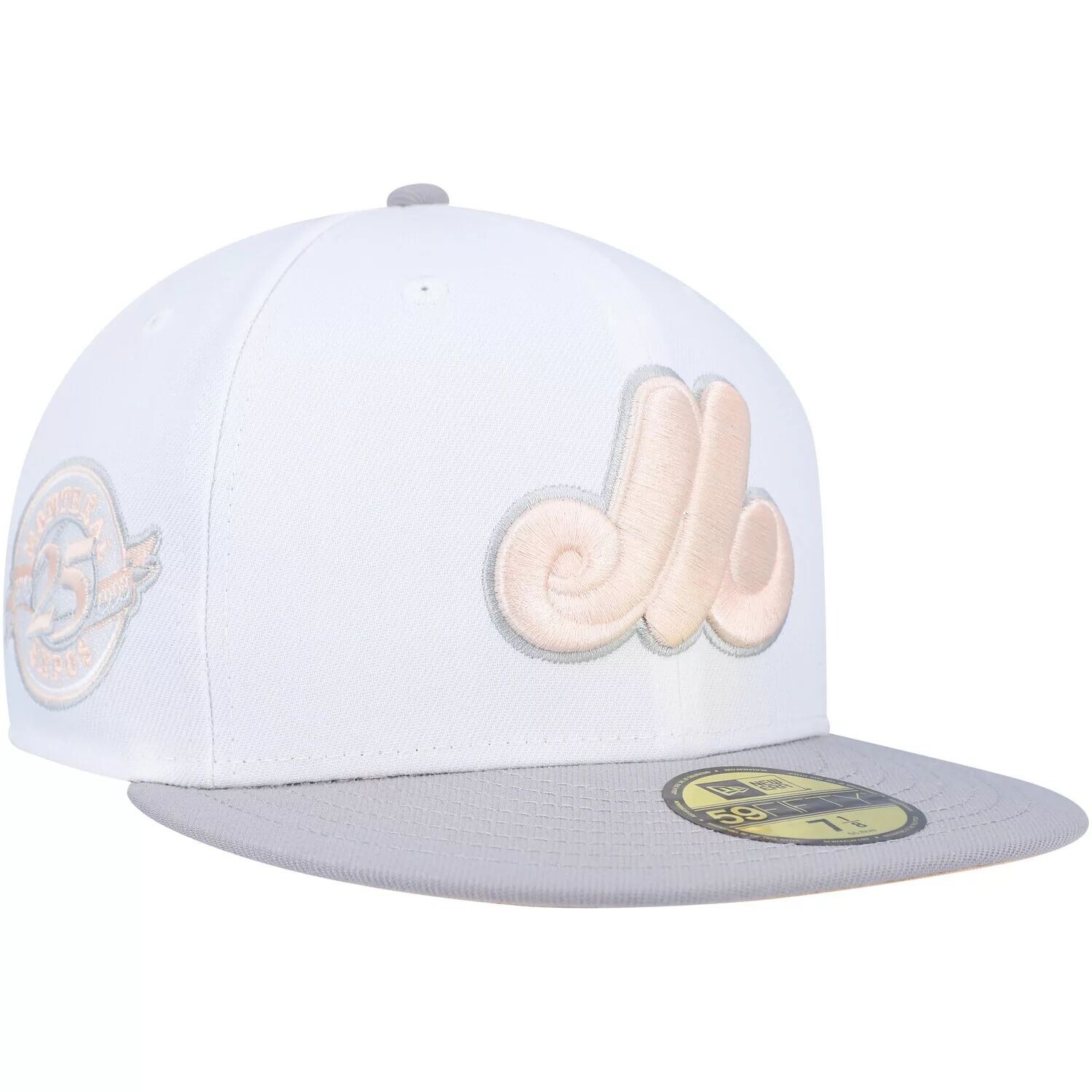 

Мужская шляпа New Era белого/серого цвета Montreal Expos с боковой нашивкой персикового цвета на 25-летие 59FIFTY 59FIFTY
