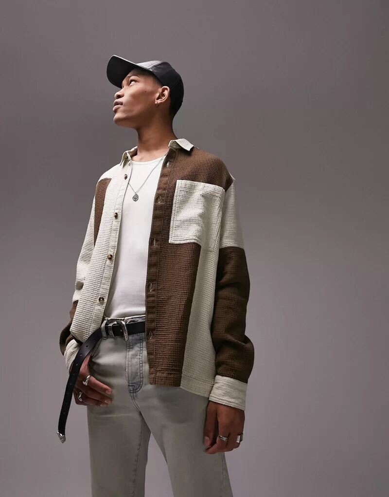 

Свободная рубашка с длинными рукавами Topman в стиле пэчворк и вафельной текстурой