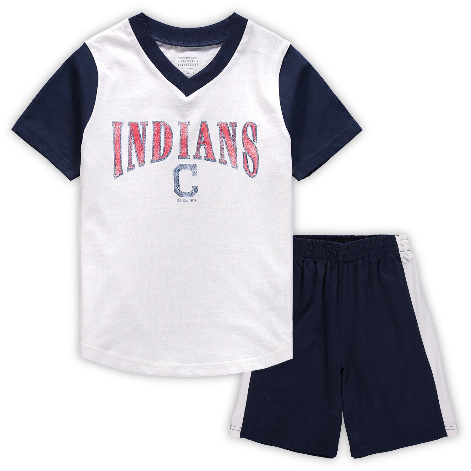 

Белый/темно-синий комплект из футболки и шорт с v-образным вырезом Little Hitter Cleveland Indians для дошкольников Outerstuff