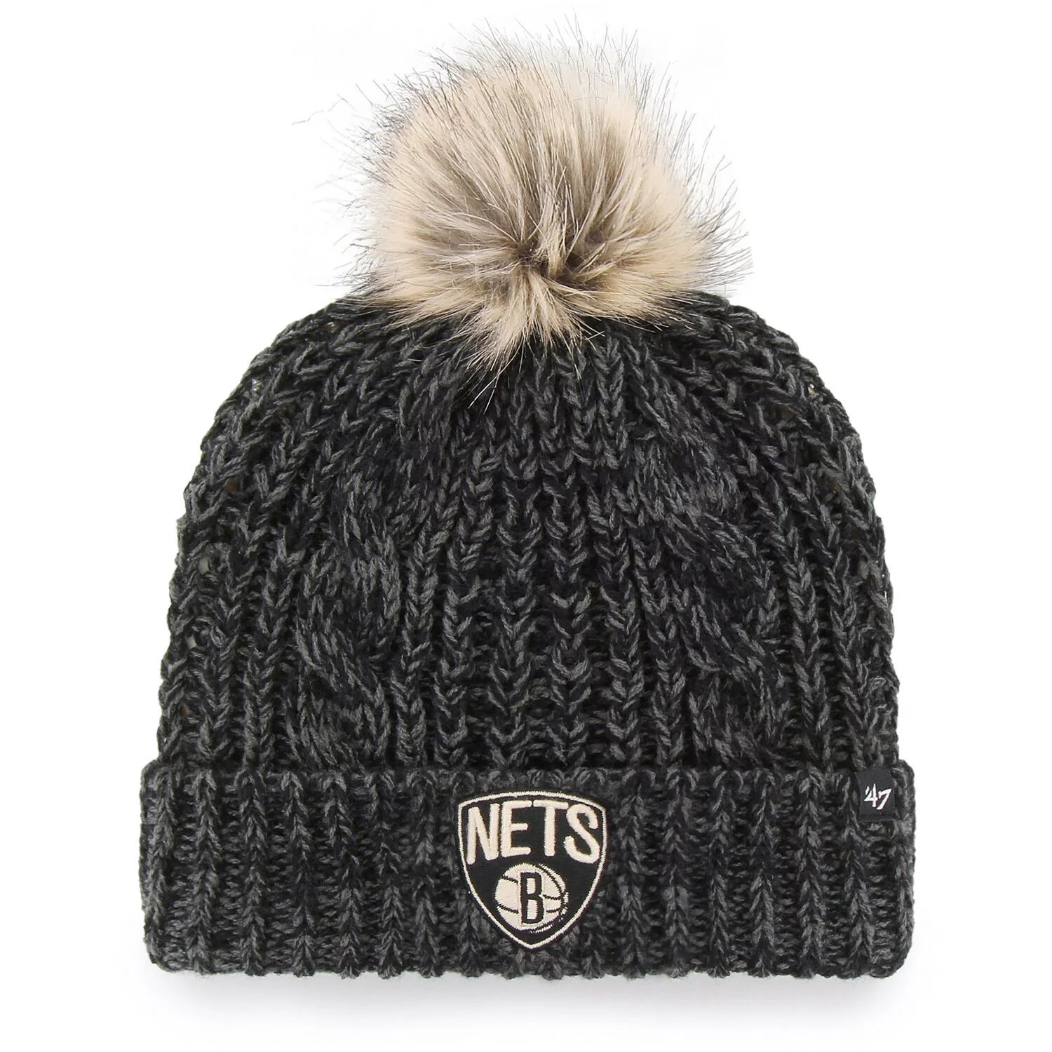 Черная женская вязаная шапка с манжетами и помпоном Brooklyn Nets Meeko '47 47 Brand