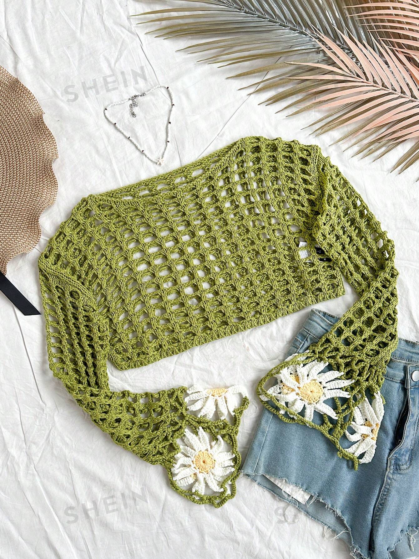 SHEIN WYWH Укороченный свитер с длинными рукавами и вырезами Daisy, зеленый