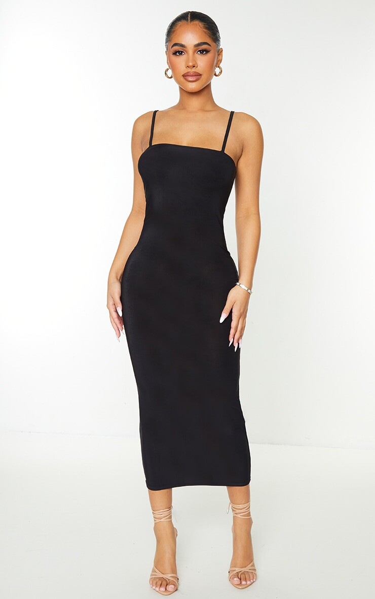

PrettyLittleThing Миниатюрное облегающее платье мидакси черного цвета с квадратным вырезом и бретелями, Черный